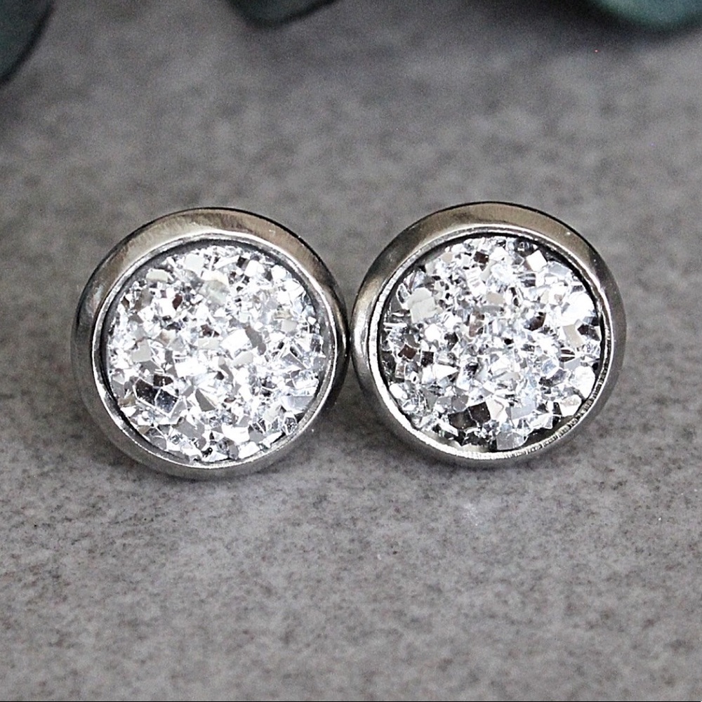 Silver Druzy Earrings, Silver Stud Earrings